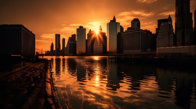 Cityscape at Dusk Urban Skyline Reflected in Water. photo