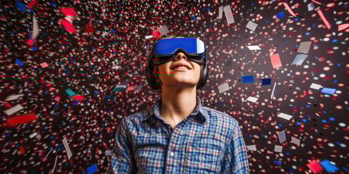 illustration of teen boy wearing an augmented reality headset showing confetti celebrating 4th of July, American flag background photo