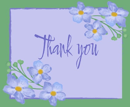 Watercolor Blue Flowers Bouquet with Greenery Framed Thank you card Vector photo