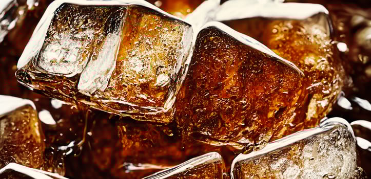 Cola with Ice. Close up of the ice cubes in cola water. Texture of carbonate drink with bubbles in glass. Cola soda and ice splashing fizzing or floating up to top of surface. Cold drink background. photo