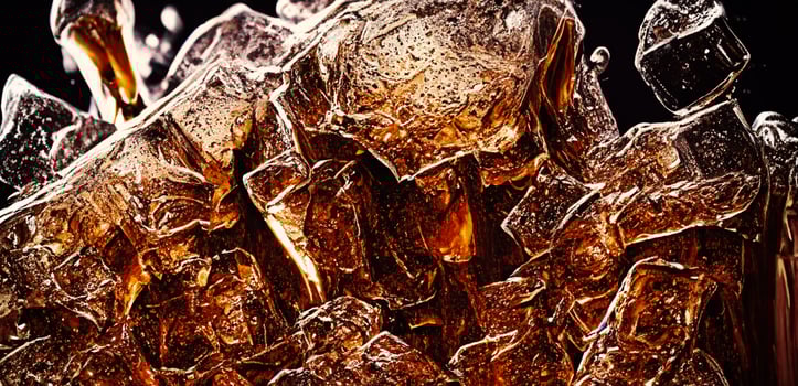 Cola with Ice. Close up of the ice cubes in cola water. Texture of carbonate drink with bubbles in glass. Cola soda and ice splashing fizzing or floating up to top of surface. Cold drink background. photo