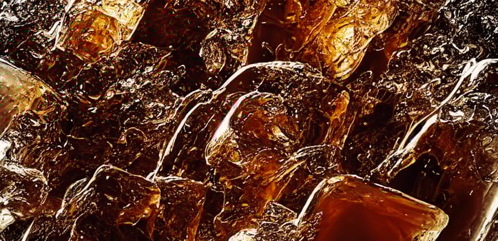 Cola with Ice. Close up of the ice cubes in cola water. Texture of carbonate drink with bubbles in glass. Cola soda and ice splashing fizzing or floating up to top of surface. Cold drink background. photo