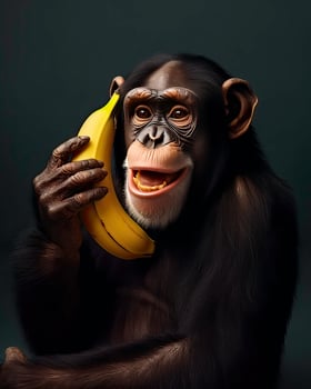 Chimpanzee phoning with banana - photo