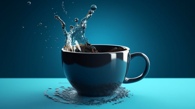 Empty black coffee mug floating in mid-air against a blue 3D product display background photo