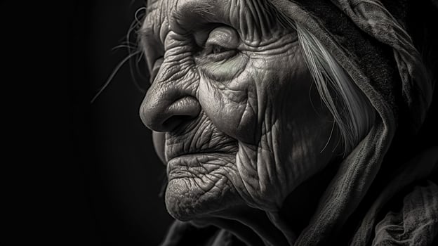 the concept of old people, a portrait of a grandmother with a wrinkled face, monochrome made with photo