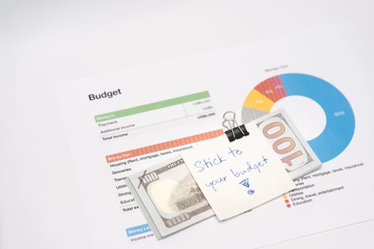 Dollars cash money with text written note STICK TO YOUR BUDGET. concept of financial planning to save money by spending less. Finance and business concept. photo