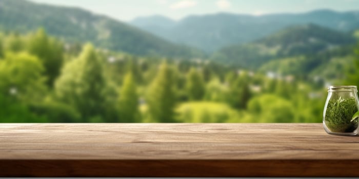Brown wood floor and plant background, product display copy space, photo