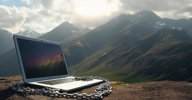 Bank icon. Chained laptop on mountain background. . photo