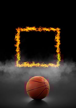basketball ball and square, of fire in black smoke background photo
