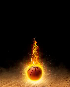 basketball on fire, a dark background on a hardwood gym floor photo