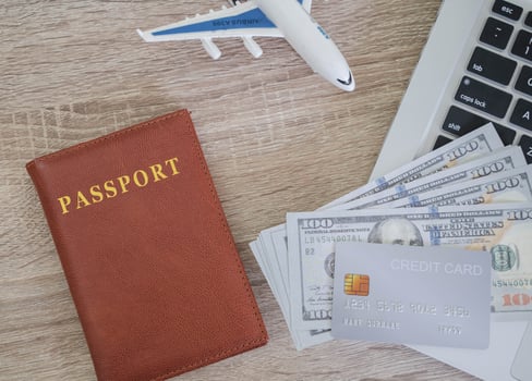 Woman booking tickets online. searching buying booking flights ticket airlines or hotel Travel and tourism agency concept photo