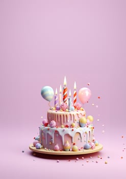 Birthday colorful cake decorated with sweets, Birthday cake with candles, . photo