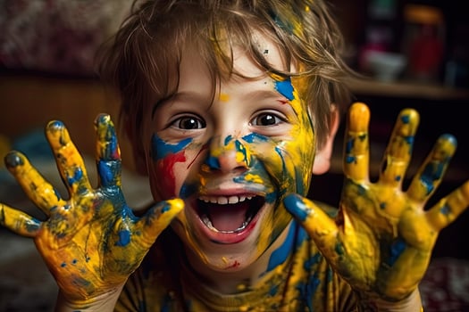 a young boy with his hands painted with paint photo