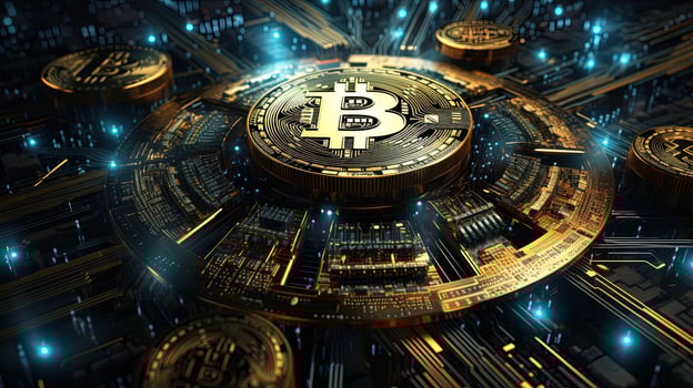 Blockchain technology of Bitcoin with a blue light background, generated by AI photo