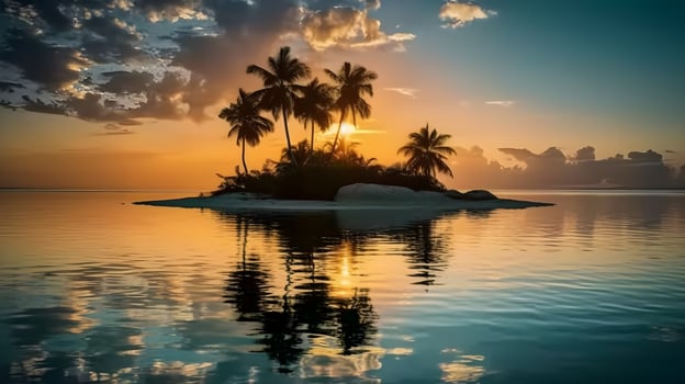 Tranquil Sunset Scene over Tropical Beach in an island with Palm Trees and calm sea, Reflecting Clouds. photo