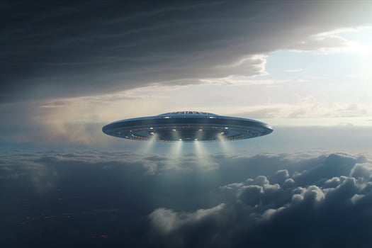 Enigmatic flight, Alien UFO saucer traverses cloud-filled sky above Earth photo