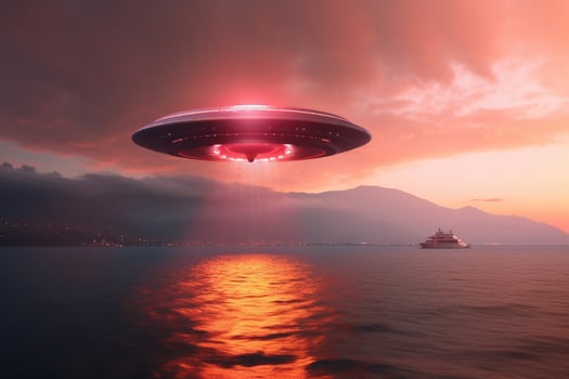 Astounding sighting, Alien spaceship soars above sunset sea, vibrant red sky photo