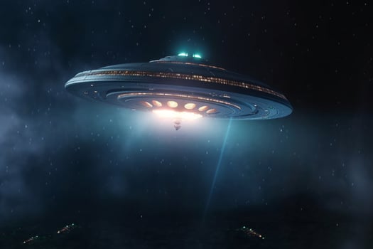 Moonlit mystery, Alien spaceship UFO cruises through the nighttime realm photo
