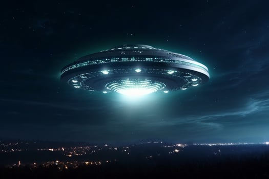Moonlit mystery, Alien spaceship UFO cruises through the nighttime realm photo