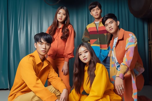 a group of young fashion models in modern outfits photo