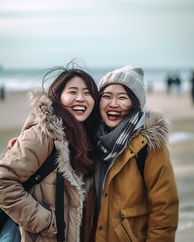 female best friend in winter dress on the beach photo