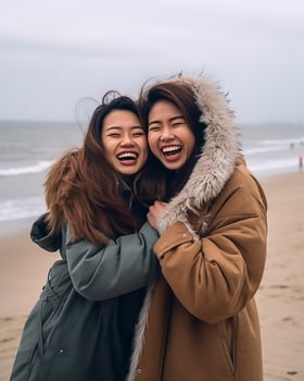 female best friend in winter dress on the beach photo
