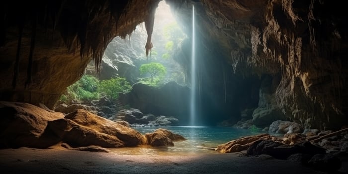 Waterfall and chamber cave copy space blurred background, photo