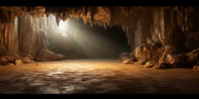Waterfall and chamber cave copy space blurred background, photo
