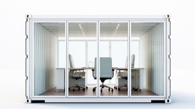 Interior of mobile container site office for construction site. Shipping container. Portable house and office cabins, illustration photo