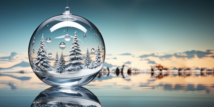 Christmas banner with snow globe. Winter fir tree in glass ball. Merry Christmas and Happy New Year. Festive decoration, 3d illustration. Banner with copy space. photo