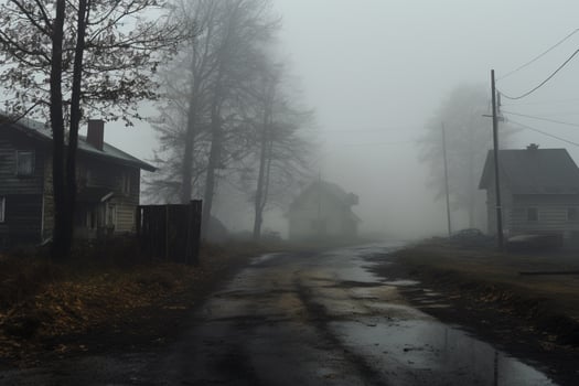 Empty illuminated ghost town street lamps lighting up the road through the trees and village in a fog on a rainy autumn day, street lanterns. English countryside scenes. photo