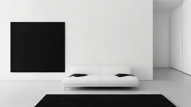 Minimalistic living room interior with white walls, concrete floor, black sofa and round coffee table. 3d rendering mock up photo