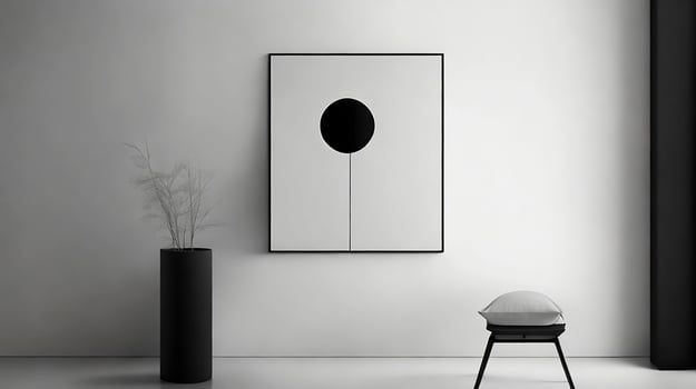 Minimalistic living room interior with white walls, concrete floor, black sofa and round coffee table. 3d rendering mock up photo