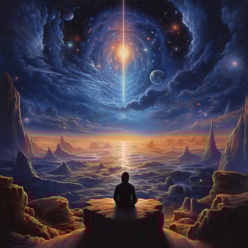 A man sits on a rock looking at a star in the sky. photo