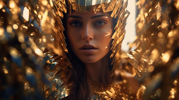 Fashion portrait of a beautiful girl decorated with gold foil. photo