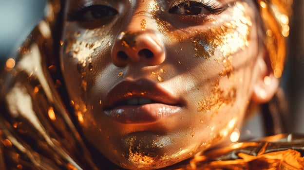Fashion portrait of a beautiful girl decorated with gold foil. photo