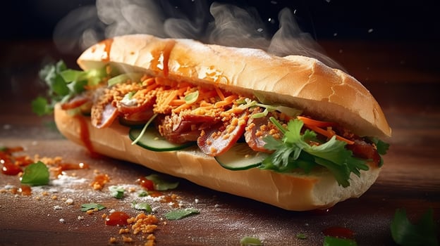 illustration of vietnamese baguette, banh mi, explosion effect. Street food in Vietnam photo