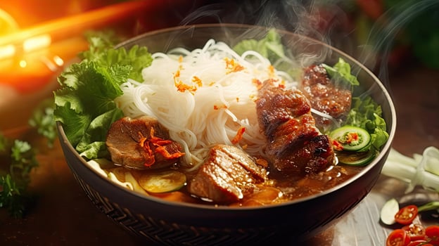 illustration of Vietnamese grilled pork noodles, bun cha, splash effect. Street food in Vietnam photo