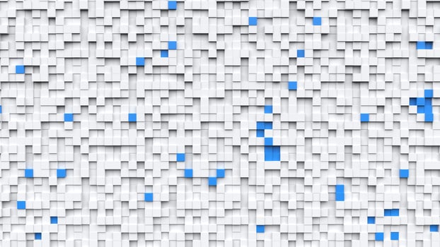 Abstract bright white background made out of cubes with blue cubes standing out photo