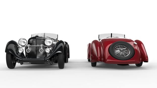 Black and red vintage cars - front and back view photo