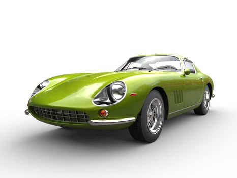 Metallic green classic sports car - front view closeup shot - isolated on white background photo