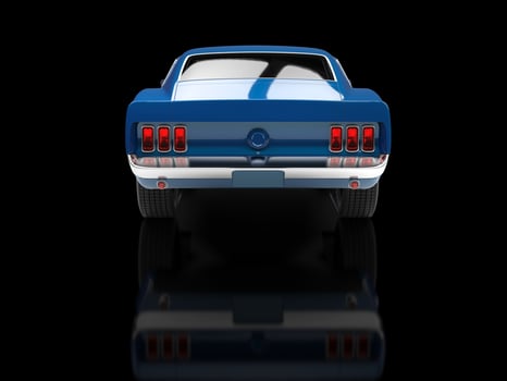 Blue muscle car on black reflective background photo