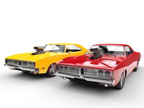Fiery vintage muscle cars - isolated on white background photo