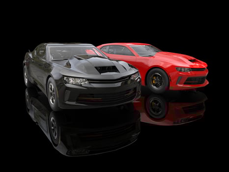Black and red modern muscle cars on black reflective background - 3D Illustration photo