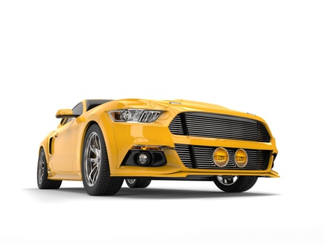 Lemon yellow modern urban muscle car - low angle front view photo