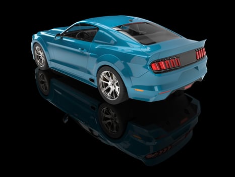 Metallic bright blue modern muscle car - back view photo