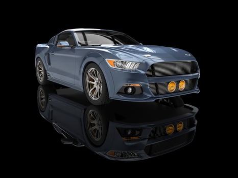 Steel blue urban muscle car on black reflective background photo