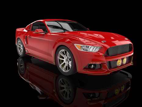 Bright red modern american car on black reflective background photo