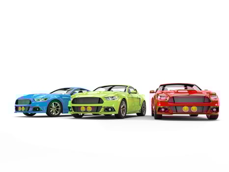 Red, green, and blue american muscle cars photo