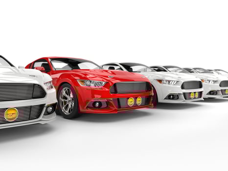 Red urban  muscle car stands out in the row of white cars photo